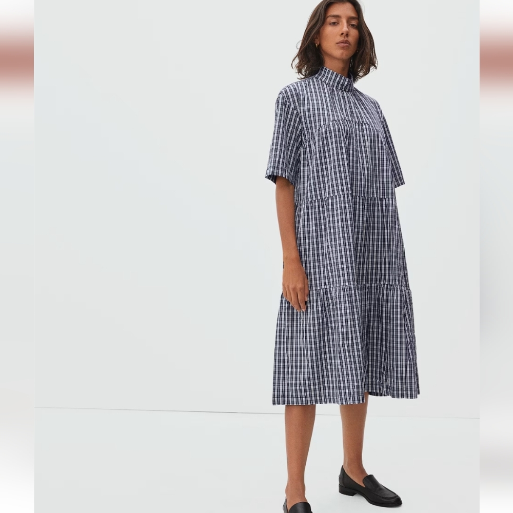 Everlane Navy and White Checked Midi Dress